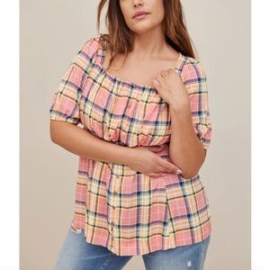 Torrid - Babydoll Rayon Plaid Slub Short Puff Sleeve Square Neck Top - 2X